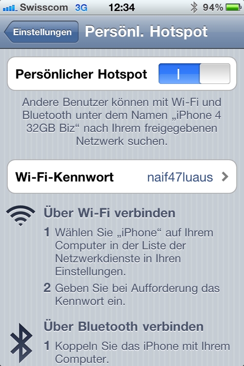 Configuration Personal Hotspot iOS 4.3